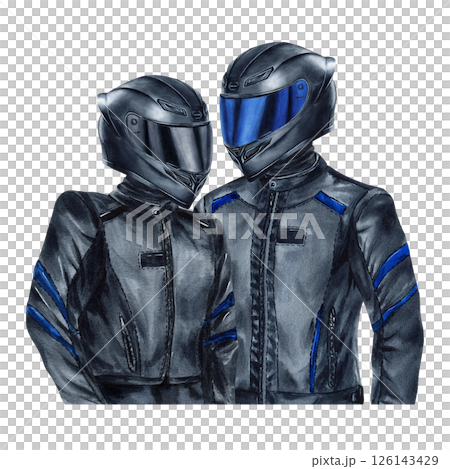Biker couple man and woman. Two motorcyclists girl and guy in helmets, leather moto jackets. Watercolor illustration isolated from background. Riders for design posters, postcard on Motorcycle Day Biker couple man and woman. Two motorcyclists girl and guy in helmets, leather moto jackets. Watercolor illustration isolated from background. Riders for design posters, postcard on Motorcycle Day 126143429