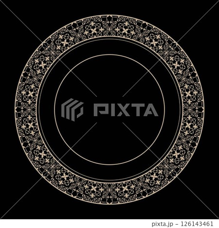Decorative round frame with arabesques. Luxury gold round frame. Elegant element in Eastern style. Floral golden border. Lace illustration for round surfaces, textiles, embroidery, porcelain, ceramic 126143461