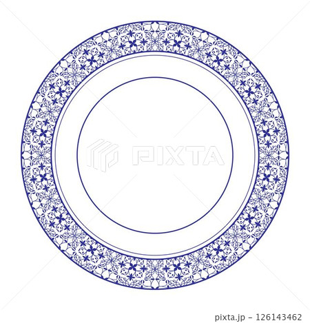 Decorative round frame with arabesques. Blue white plate with lace design. Vintage, ethnic vector frame with arabesques. EPS. Pattern frame for round surfaces, household utensils, textiles, embroidery 126143462