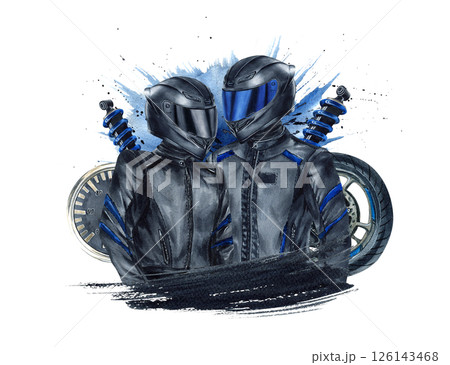 Biker couple woman, man. Two motorcyclists girl, guy in moto gear with shock absorbers, wheel, speedometer and watercolor blue and black spots isolated from background. Riders for posters, postcard Biker couple woman, man. Two motorcyclists girl, guy in moto gear with shock absorbers, wheel, speedometer and watercolor blue and black spots isolated from background. Riders for posters, postcard 126143468