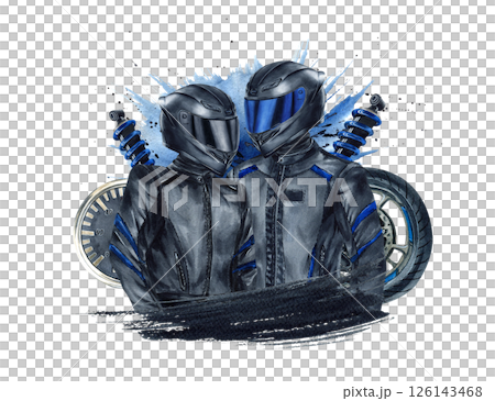 Biker couple woman, man. Two motorcyclists girl, guy in moto gear with shock absorbers, wheel, speedometer and watercolor blue and black spots isolated from background. Riders for posters, postcard Biker couple woman, man. Two motorcyclists girl, guy in moto gear with shock absorbers, wheel, speedometer and watercolor blue and black spots isolated from background. Riders for posters, postcard 126143468