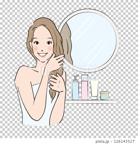 A woman with long hair carefully taking care of her hair A woman with long hair carefully taking care of her hair 126143527