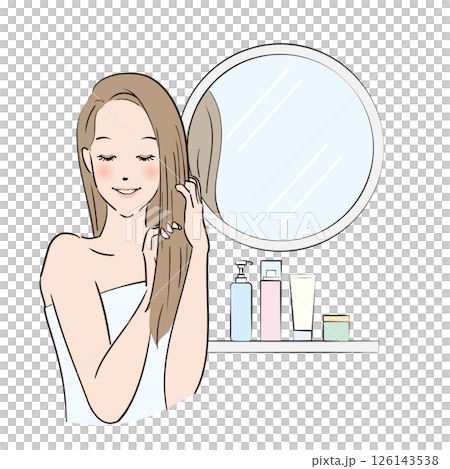 丁寧にヘアケアをするロングヘアの女性 126143538