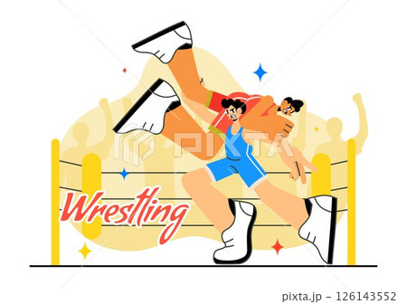 Wrestling Vector Illustration Featuring Two Fighters in a Championship Match or Boxing Competition Inside an Arena with Flat Style Cartoon Background Wrestling Vector Illustration Featuring Two Fighters in a Championship Match or Boxing Competition Inside an Arena with Flat Style Cartoon Background 126143552