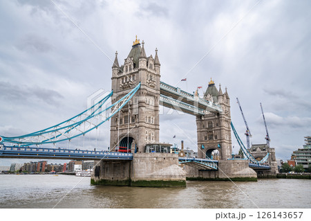 Tower Bridge Spans the Thames with Its Gothic Towers and Blue Cables, Remaining a Must-See Symbol of the City for Visitors in July 2023 126143657