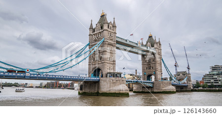 Tower Bridge Spans the Thames with Its Gothic Towers and Blue Cables, Remaining a Must-See Symbol of the City for Visitors in July 2023 126143660