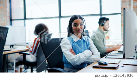Portrait, proud and woman with headset at call centre for customer support, contact us and advisor. Female person, consultant and arms crossed for online assistance, career pride and friendly service 126143936