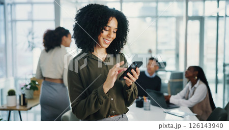 Woman, phone and happy at meeting, texting and scroll with notification for deal at financial company. Business person, smartphone and smile with mobile app for contact, lead or proposal at agency Woman, phone and happy at meeting, texting and scroll with notification for deal at financial company. Business person, smartphone and smile with mobile app for contact, lead or proposal at agency 126143940