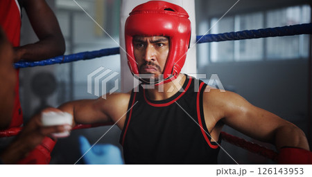 Boxer, training and man at gym for fitness, intense fight or combat skills with sports and coach. Self defense, action or energy with serious boxing, personal trainer and practice for match 126143953