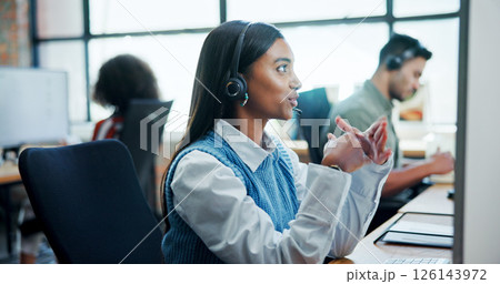 Computer, video call and woman with headset, talking and communication for lead generation and sales. Business, agent and person with tech for telemarketing, consultation and friendly for services 126143972