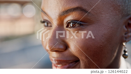 Black woman, face and eyes with thinking for vision, optometry or wellness with contact lenses for eyesight. Future, closeup and female person with optical solution, eyecare and ophthalmology space Black woman, face and eyes with thinking for vision, optometry or wellness with contact lenses for eyesight. Future, closeup and female person with optical solution, eyecare and ophthalmology space 126144022