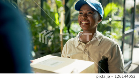 Cardboard box, woman and delivery with parcel by home for logistics distribution with career. Happy, supply chain and African female courier driver with package for order with cargo service at house. Cardboard box, woman and delivery with parcel by home for logistics distribution with career. Happy, supply chain and African female courier driver with package for order with cargo service at house. 126144052