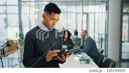 Business man, tablet and scroll at meeting for notes, agenda or review for deal at company. Person, digital touchscreen and typing with application for research, info and feedback at finance agency Business man, tablet and scroll at meeting for notes, agenda or review for deal at company. Person, digital touchscreen and typing with application for research, info and feedback at finance agency 126144085