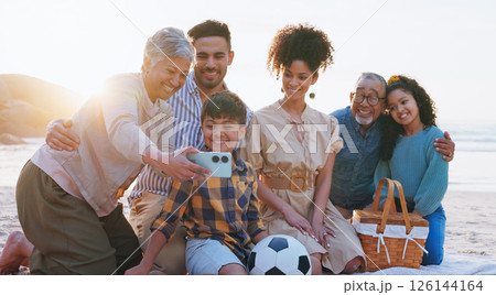 Smile, big family and phone for selfie on beach for photography, vacation memory and social media post. Happy, people and kids with mobile for profile picture update, ocean getaway and bonding at sea 126144164
