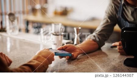Restaurant, hands and machine with credit card for payment, contactless transaction and closeup. Coffee shop, cashier and customer with terminal for debit, purchase or finance for hospitality service Restaurant, hands and machine with credit card for payment, contactless transaction and closeup. Coffee shop, cashier and customer with terminal for debit, purchase or finance for hospitality service 126144307