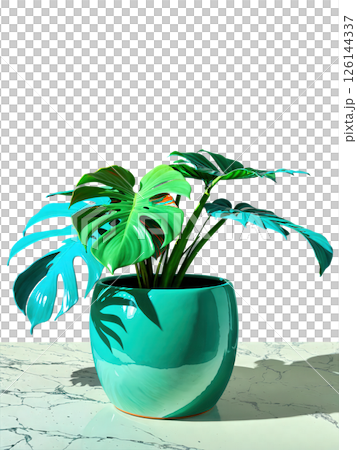 Pottery Art Modern ceramic pot with a glossy finish, showcasing a thriving Monstera, its leaves cascading over the rim in 126144337