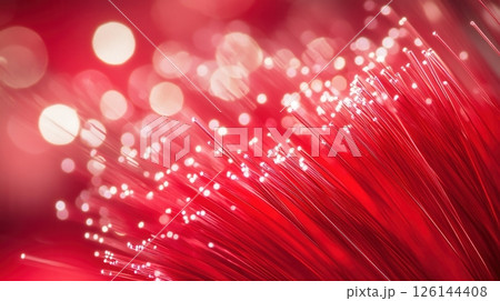 Red abstract background with glowing optical fiber lights and bokeh in a futuristic style 126144408