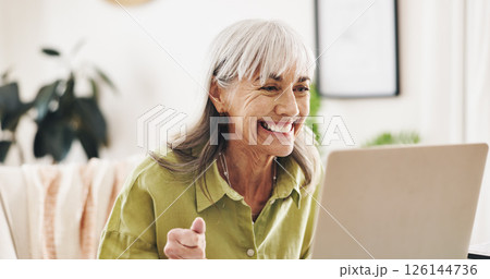 Excited, reading and laptop with old woman at home for retirement fund savings, pensioner asset and budget. Tax return, planning and loan approval with senior person in apartment for online finance 126144736