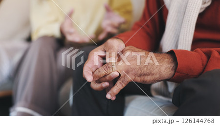 Elderly couple, ring or hands in home for conflict, regret or doubt in marriage with partner. Senior man, wedding band or fidget with anxiety for divorce, argument or strain in relationship with wife 126144768