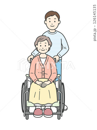 車椅子の女性高齢者を介助する若い男性のイラストセット 126145135