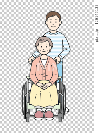 車椅子の女性高齢者を介助する若い男性のイラストセット 126145135