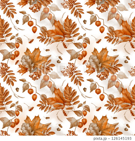 Seamless pattern of autumn maple leaves,physalis,mountain ash with oak leaves and a bunch of rowan berries.Watercolor seamless pattern on transparent background 126145193