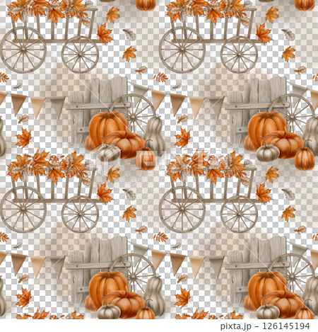 Autumn seamless pattern with orange and gray pumpkins, rustic cart,round wheels, wooden fence, autumn maple and oak leaves and garlands of triangular flags and watercolor gray spots Autumn seamless pattern with orange and gray pumpkins, rustic cart,round wheels, wooden fence, autumn maple and oak leaves and garlands of triangular flags and watercolor gray spots 126145194