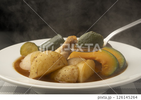 夏野菜のスープカレーをスプーンで持ち上げる 夏野菜のスープカレーをスプーンで持ち上げる 126145264