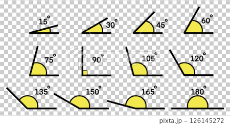 An educational illustration displaying various angles, ranging from 15 to 180 degrees, teaching or learning about different types and measurements of angles in geometry or mathematics An educational illustration displaying various angles, ranging from 15 to 180 degrees, teaching or learning about different types and measurements of angles in geometry or mathematics 126145272