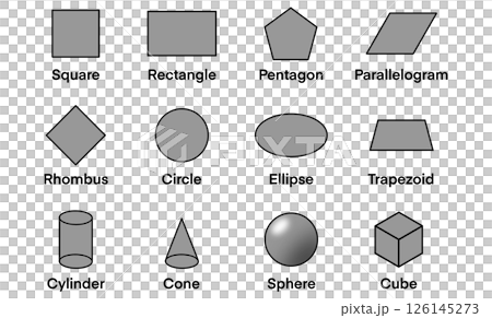 An educational illustration displaying twelve different geometric shapes, including both 2D shapes like squares, rectangles, pentagons, parallelograms, rhombuses, circles, ellipses, and trapezoids 126145273