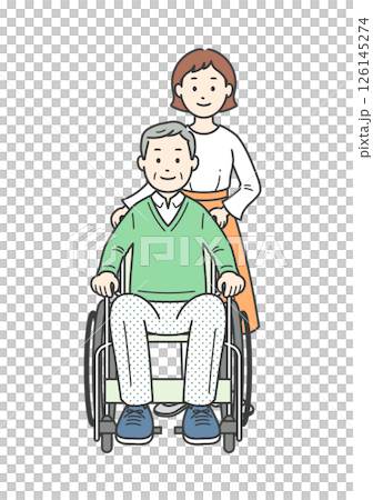 一名年輕女子協助坐在輪椅上的老人的插圖集 一名年輕女子協助坐在輪椅上的老人的插圖集 126145274