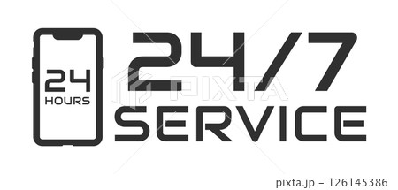 24 7 Service open 24 h hours a day and 7 days a week circle stamp icon. Shop support logo symbol sign button. Vector illustration image. Isolated on white background. 126145386