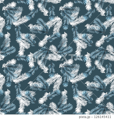 : Seamless pattern of snowy pine branches on a dark blue backdrop, ideal for winter-themed designs. 126145411