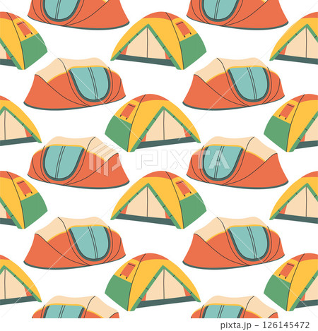 Camping tent seamless pattern on white background. Summer camp pattern design in hand drawn flat style for scrapbooking, textile, wrapping, banner 126145472