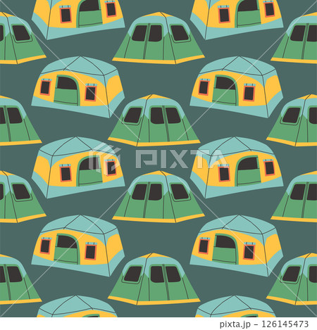 Camping tent seamless pattern on dark blue background. Summer camp pattern design in hand drawn flat style for scrapbooking, textile, wrapping, banner 126145473