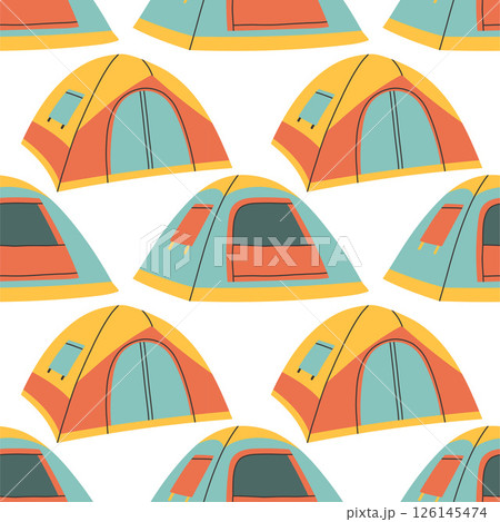 Camping tent seamless pattern on white background. Summer camp pattern design in hand drawn flat style for scrapbooking, textile, wrapping, banner Camping tent seamless pattern on white background. Summer camp pattern design in hand drawn flat style for scrapbooking, textile, wrapping, banner 126145474