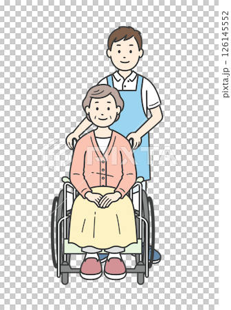 男性護理人員協助坐輪椅的女性老人的插圖集 126145552