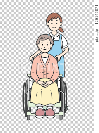 Illustration set of a female caregiver assisting an elderly woman in a wheelchair Illustration set of a female caregiver assisting an elderly woman in a wheelchair 126145871