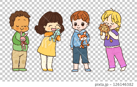 Children and their favorite stuffed animals 2 Hand-drawn 126146382