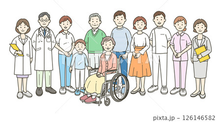 高齢者夫婦と家族と医師と看護師と介護士とケアマネージャーと栄養士が集合した全身イラスト 126146582