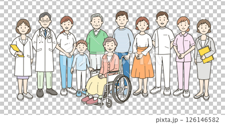 A full-body illustration of an elderly couple, their family, a doctor, a nurse, a caregiver, a care manager, and a nutritionist 126146582