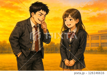 夕焼けの校庭で会話をする昭和チックな男女学生 126146616