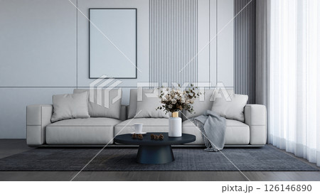 A modern living room featuring a light-colored sofa, a round coffee table, and decorative elements like flowers and a throw blanket. 3d rendering. A modern living room featuring a light-colored sofa, a round coffee table, and decorative elements like flowers and a throw blanket. 3d rendering. 126146890
