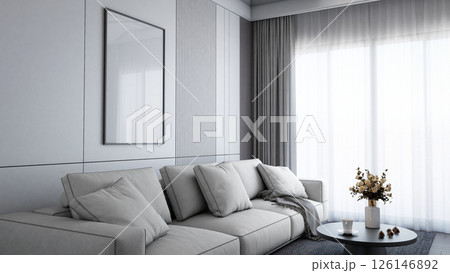 A modern, minimalist living room featuring a light gray sofa, large windows with sheer curtains, and a decorative coffee table with flowers. 3d rendering. 126146892