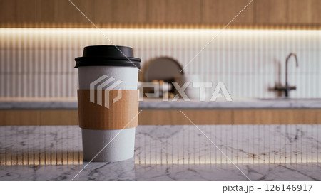 A coffee cup sits on a marble countertop, complemented by warm wooden cabinetry and ambient lighting in a modern kitchen setting. 3d rendering mockup kitchen room interior. 126146917