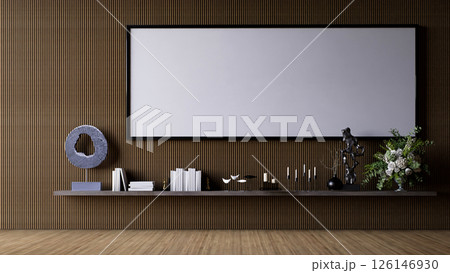 A modern interior living room decoration with a wooden wall, minimalistic decor, a large blank frame, and assorted decorative items on a shelf. 3d rendering. A modern interior living room decoration with a wooden wall, minimalistic decor, a large blank frame, and assorted decorative items on a shelf. 3d rendering. 126146930