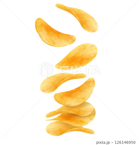 Flying and falling crispy potato chips realistic vector background. Thin crunchy slices of fried potato vegetable with salt and spices 3d backdrop of fast food snacks and crisps 126146950