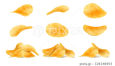 Set of potato chips close-up on an isolated white background. Realistic 3D vector illustration. Can be used for for advertising, package or promo ads, delicious food, ripple meal 126146953