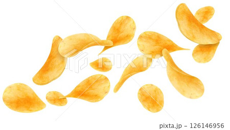 Flying and falling crispy potato chips realistic vector background. Thin crunchy slices of fried potato vegetable with salt and spices 3d backdrop of fast food snacks and crisps 126146956
