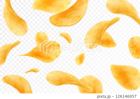 Flying and falling crispy potato chips realistic vector background. Thin crunchy slices of fried potato vegetable with salt and spices 3d backdrop of fast food snacks and crisps 126146957
